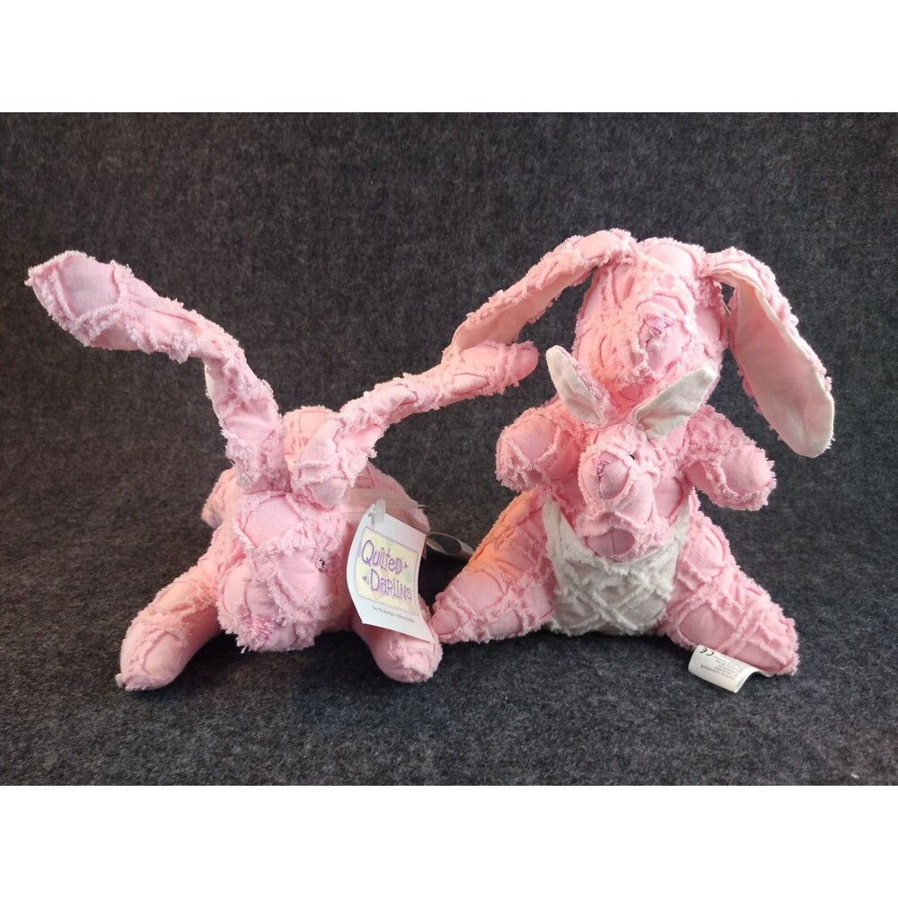 Quilted Darlins Pink Chenille Bunny Rattle and Bunny w Baby Plush Stuffed Animal